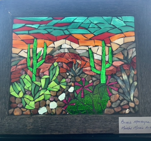 Desert View.  8”x10” inside 9”x12” frame, stained glass, beach glass, pebbles, beads.  $95
